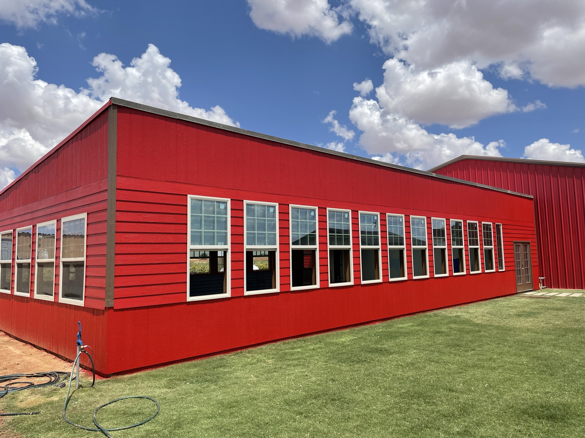 Freshly painted exterior surfaces on a commercial building